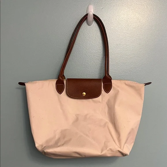 Longchamp Women's Pink Canvas Tan Tote Bag with Brown Trim - Picture 1 of 17
